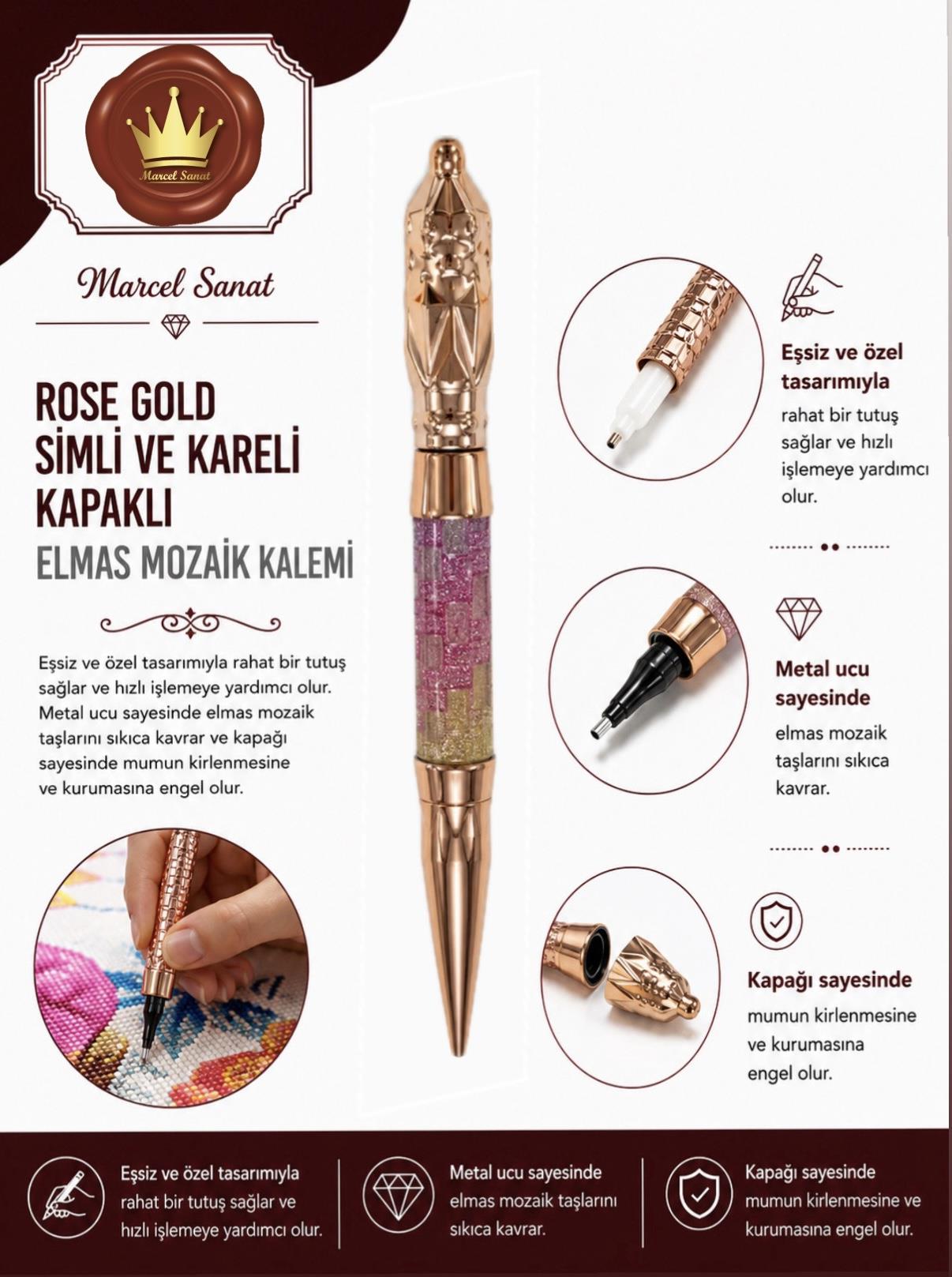 MARCEL Rose Gold Simli ve Kare Desenli Kapaklı  Elmas Mozaik KalemiAKSESUARMarcel Sanat Elmas Mozaik Tablo & Diamond Painting TurkeyM2017GSVKKMARCEL Rose Gold Simli ve Kare Desenli Kapaklı  Elmas Mozaik Kalemi