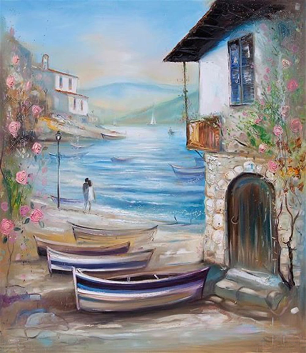 Marcel Sanat Deniz Kıyısında Huzurlu Taş Ev Elmas Mozaik Tablo 50x60cm