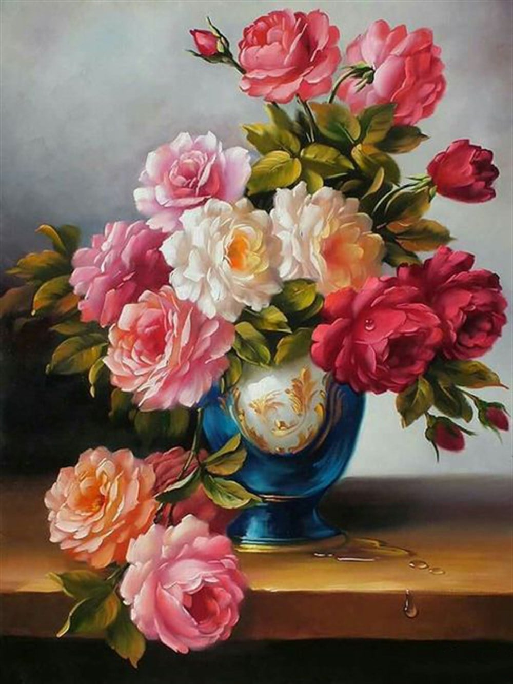 Marcel Sanat Mavi Vazoda Renkli Güller Elmas Mozaik Tablo 45x60cm