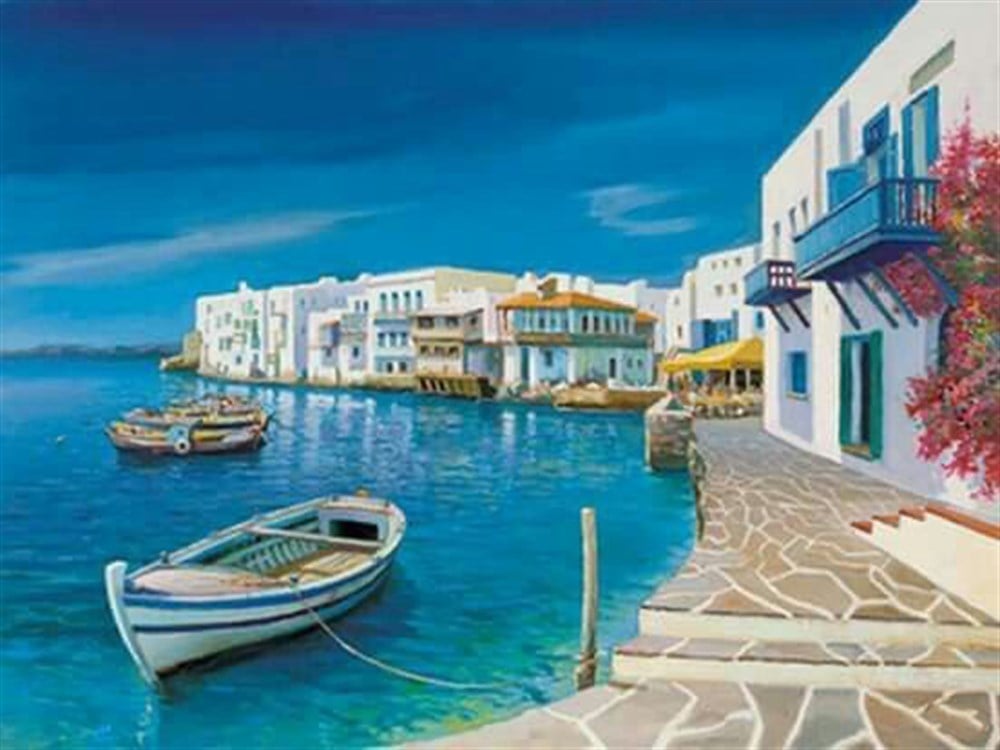 Marcel Sanat Mykonos Deniz Manzarası Elmas Mozaik Tablo 65x50cm