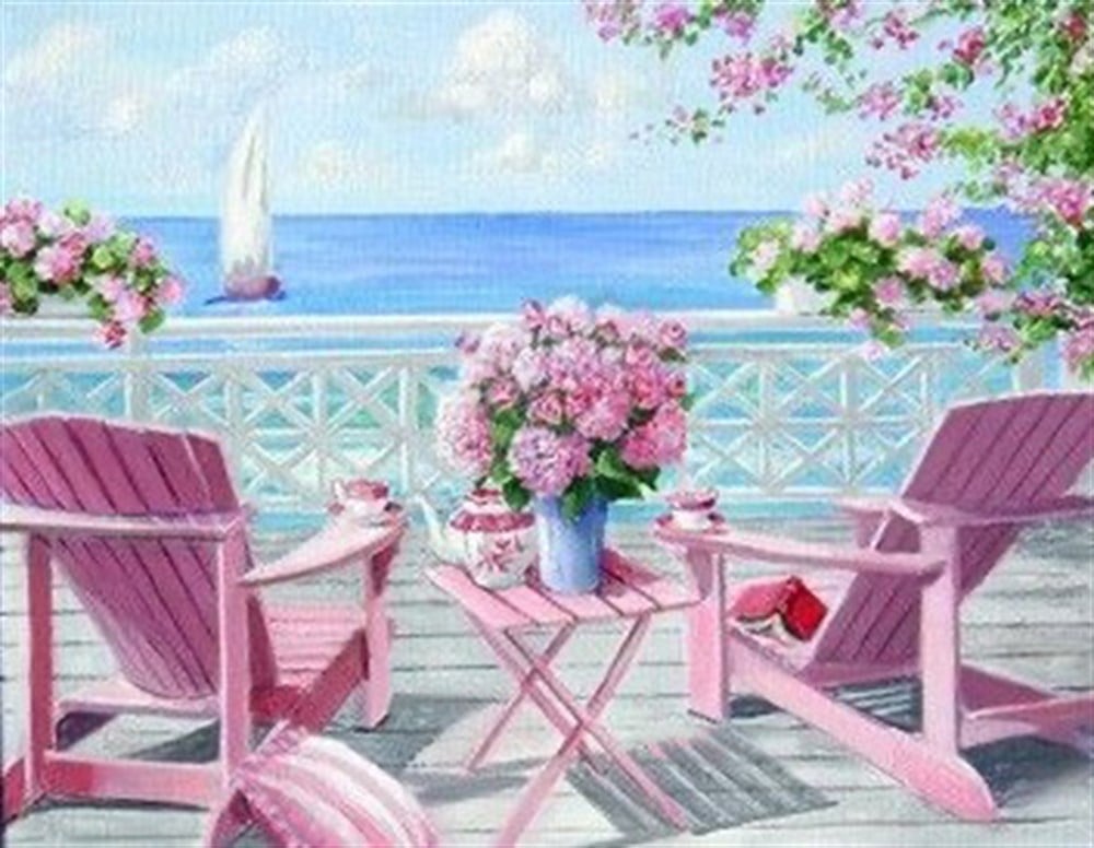 Marcel Sanat Pembe Sandalye'den Deniz Manzarası Elmas Mozaik Tablo 65x50cm