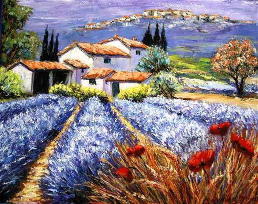 Mavi Çiçek Tarlasının İçindeki Beyaz Köy Evi Elmas Mozaik Tablo 76x51cm