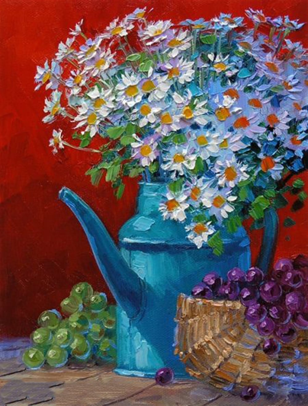 Mavi Sürahi İçinde Beyaz Papatyalar Tablosu (51x66) 