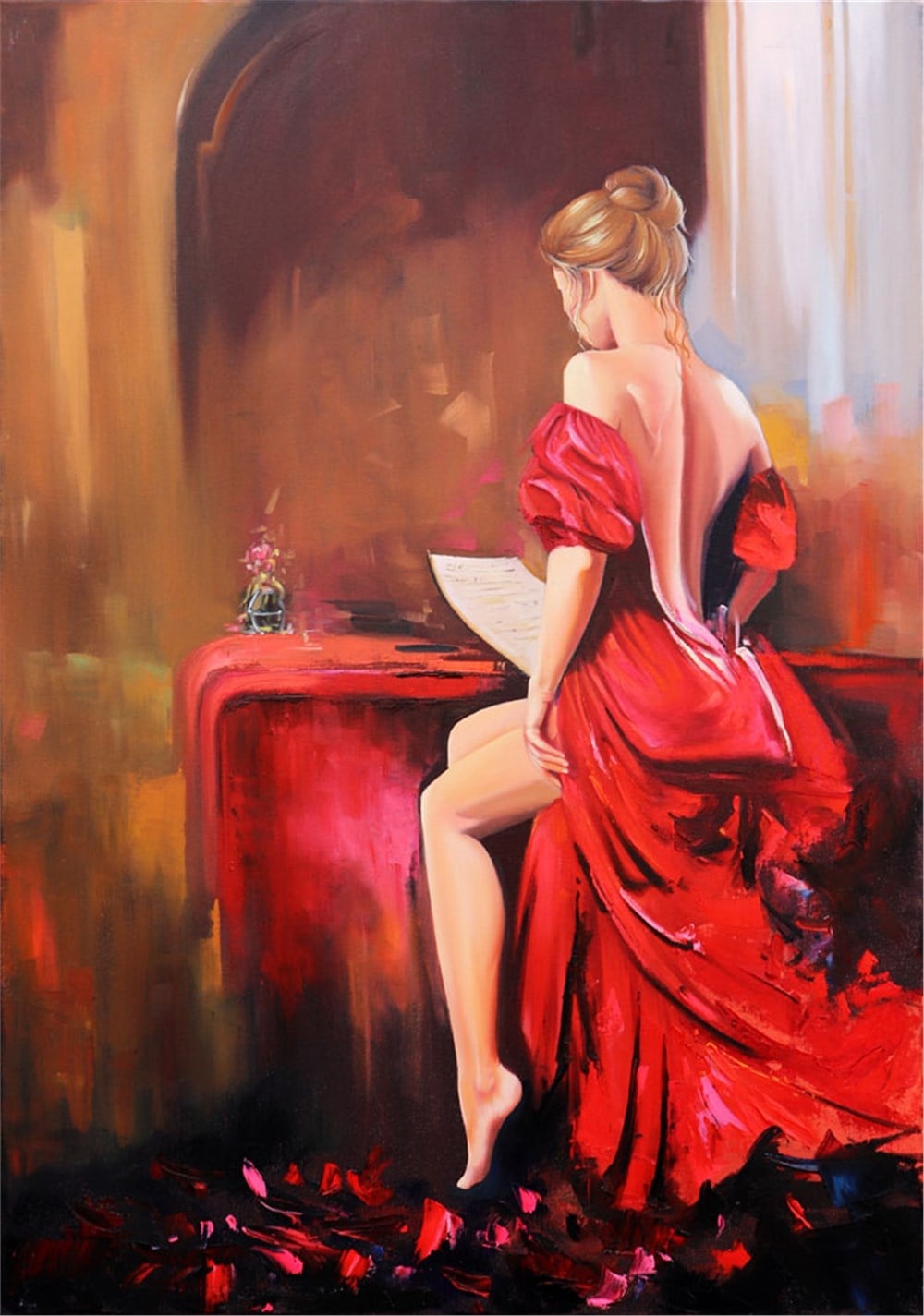 MODERNMarcel Sanat Elmas Mozaik Tablo & Diamond Painting TurkeyM20176033Kırmızılı Kadın Yağlı Boya Marcel Sanat Elmas Mozaik Tablo 56X79cm
