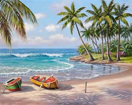 Marcel Sanat Tropikal Ada ve Deniz Kıyısındaki Kayıklar Elmas Mozaik Tablo 70x55cm 