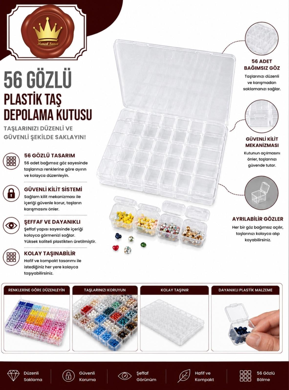 56 Gözlü Şeffaf Elmas Mozaik Taş Koyma Kutusu Aksesuar | Marcel SanatAKSESUARMarcel Sanat Elmas Mozaik Tablo & Diamond Painting TurkeyM2017-56GZLÜMARCEL 56 Gözlü Plastik Taş Depolama Kutusu