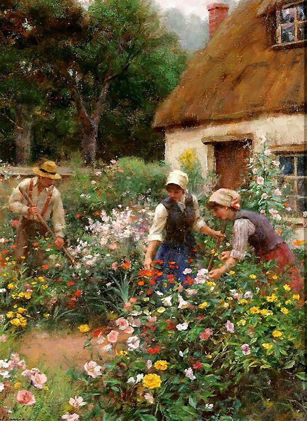 Çiçekli Bahçede Çalışan Eski Zaman İnsanları Tablosu 46x64