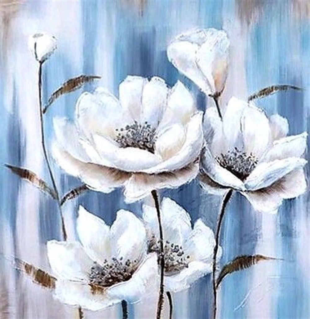 ÇİÇEKMarcel Sanat Elmas Mozaik Tablo & Diamond Painting TurkeyM20176243Mavi Fonda Beyaz Çiçekler Marcel Sanat Elmas Mozaik Tablo 48X51cm