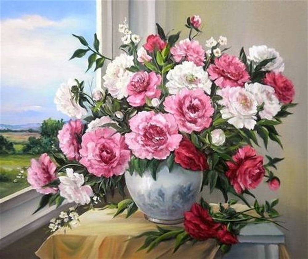 ÇİÇEKMarcel Sanat Elmas Mozaik Tablo & Diamond Painting TurkeyM20176057Pencerenin Önündeki Güller Marcel Sanat Elmas Mozaik Tablo 58x51cm