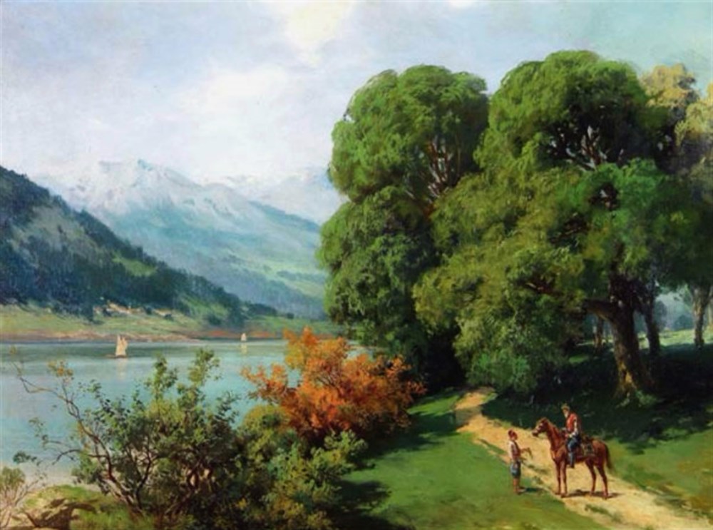 Hoca Ali Rıza Efendi (1858-1930) Göl Kenarı Elmas Mozaik Tablo 74x56cm