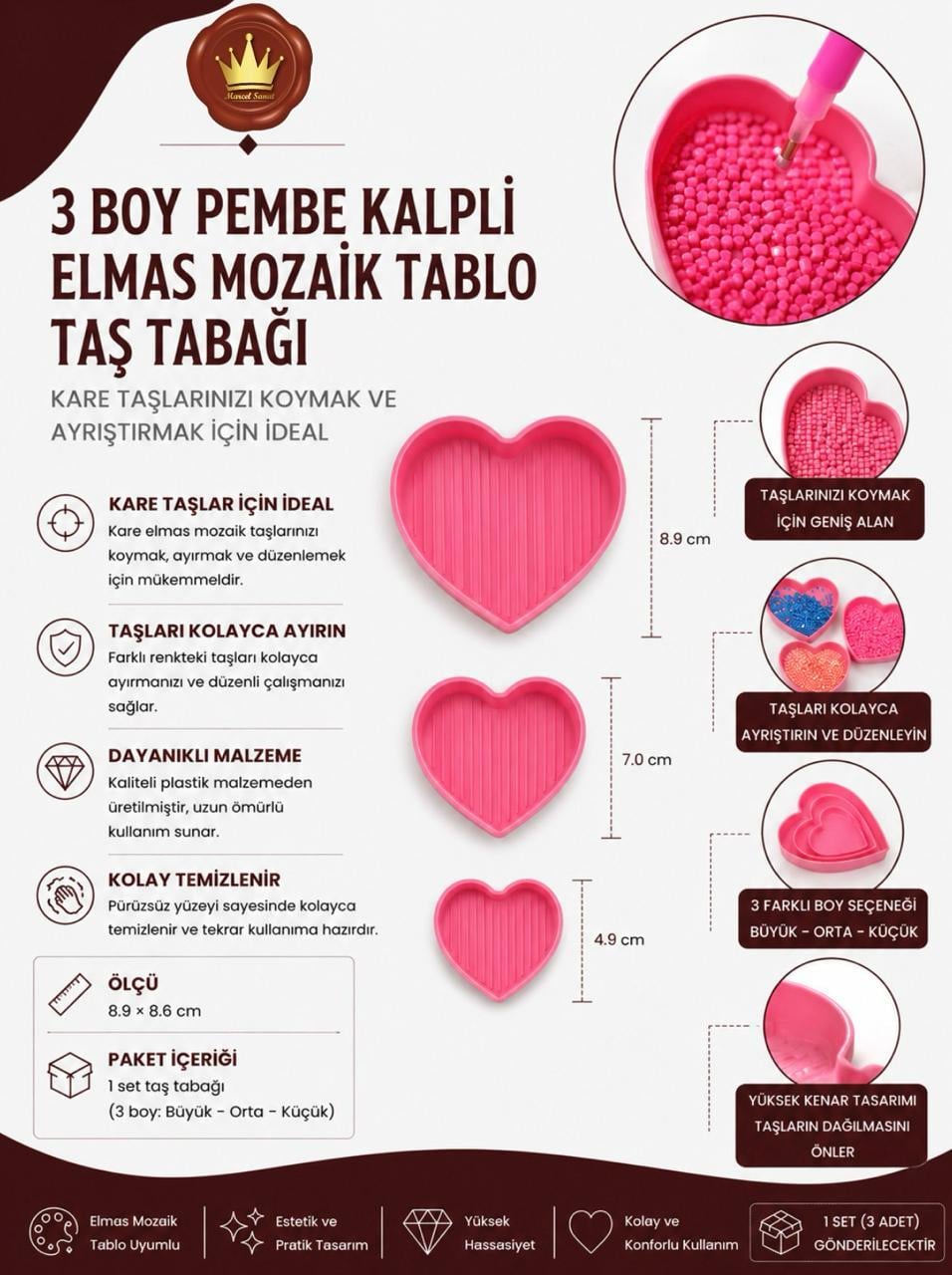 Kalpli 3 lü Tabak Ve Takı Seti Elmas Mozaik Tablo | Marcel SanatAKSESUARMarcel Sanat Elmas Mozaik Tablo & Diamond Painting TurkeyM2017PMB3LÜMARCEL 3 Boy Pembe Kalpli Elmas Mozaik Tablo Taş Tabağı