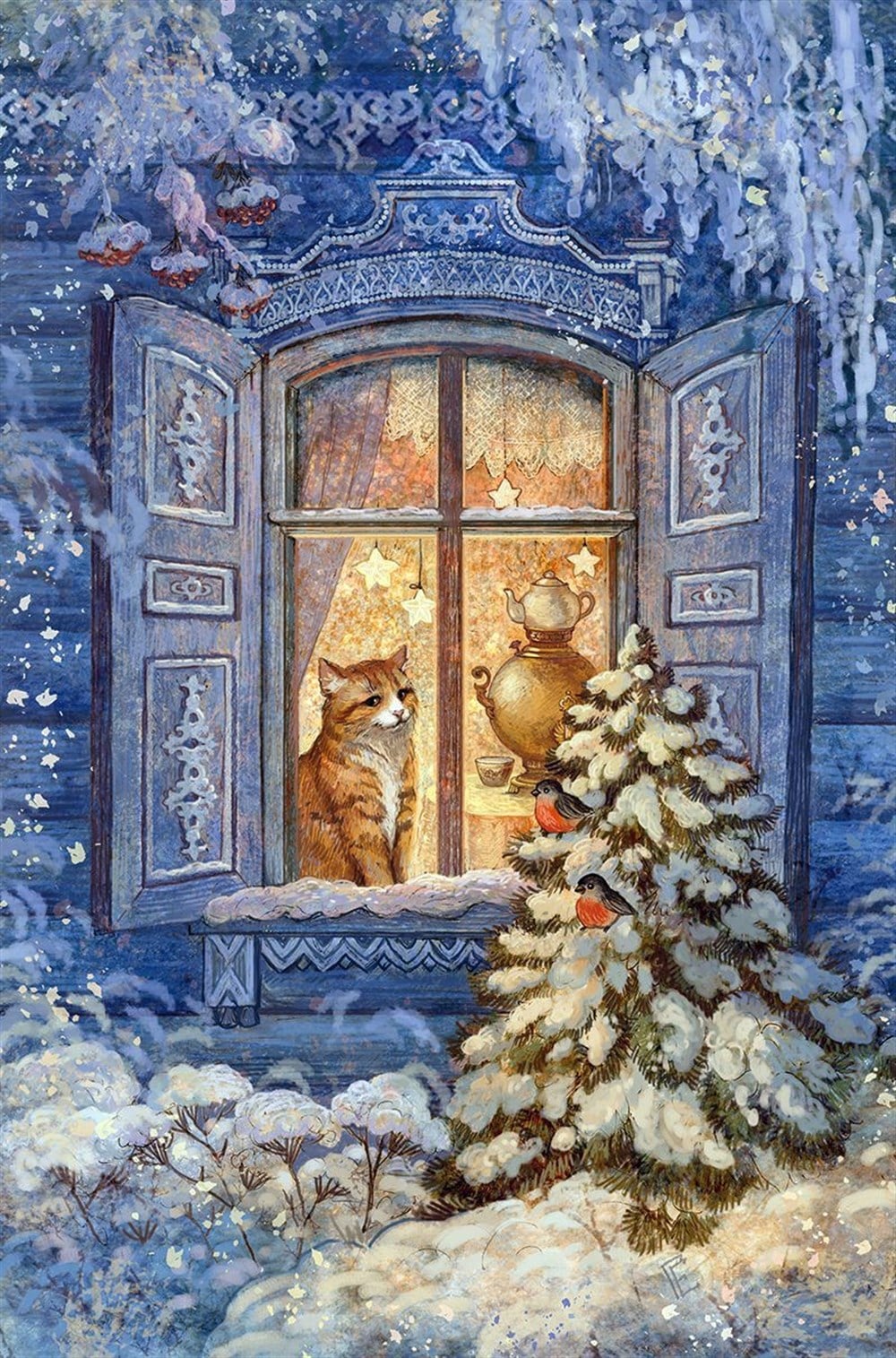 Karlı Günde Camdan Bakan Kedicik Elmas Mozaik Tablo 36x53cm