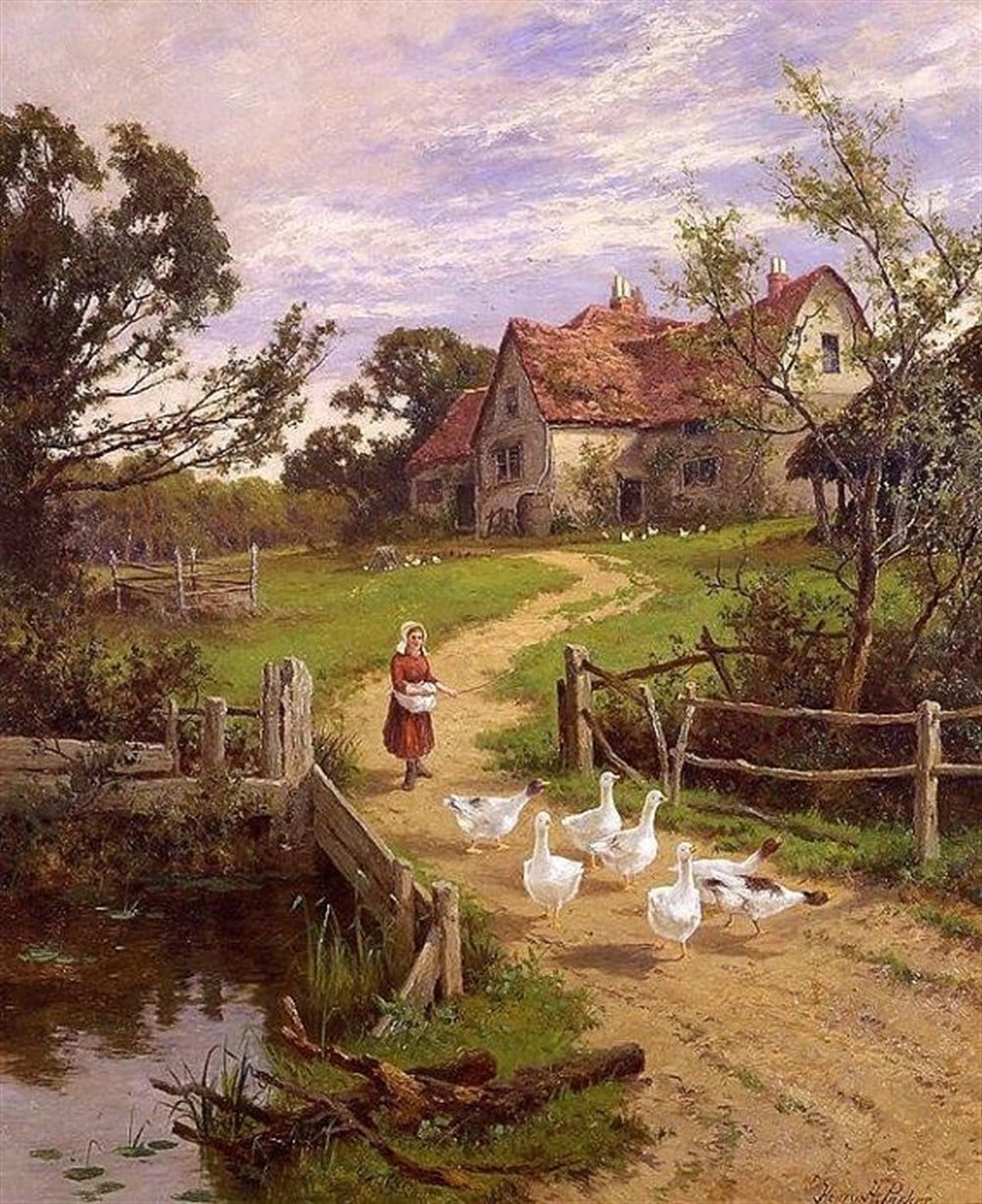 Kazları Besleyen Kadın Elmas Mozaik Tablo 45x55cm