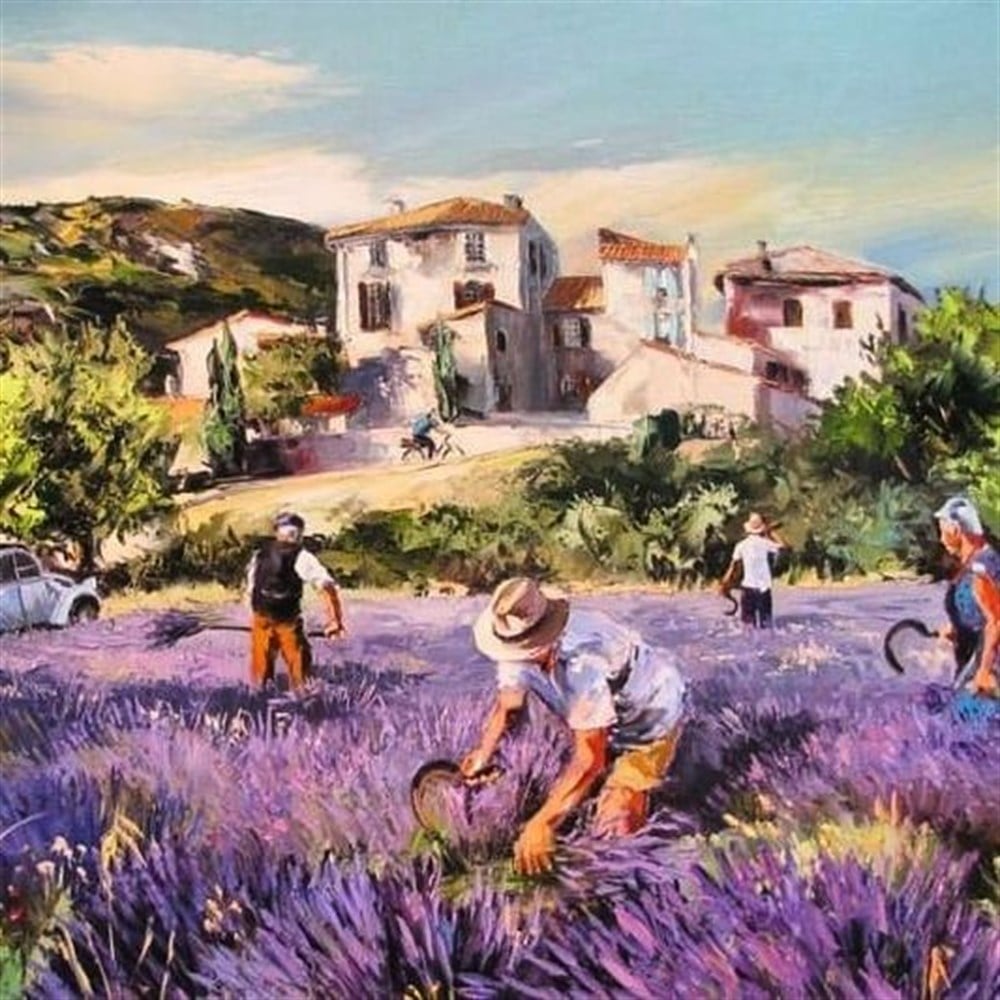 Lavanta Tarlasında Çalışan Adamlar Tablosu 56x56cm