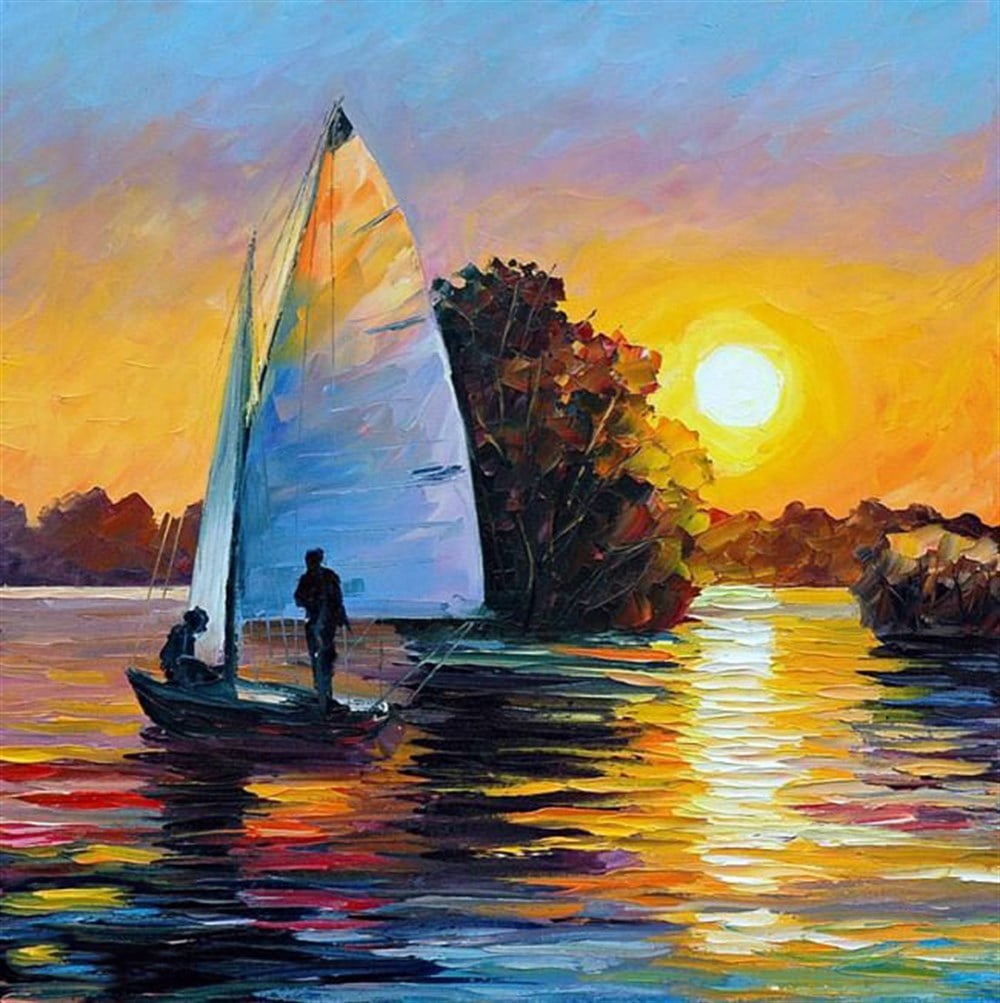 Lenoid Afremov Günbatımı ve Yelken Elmas Mozaik Tablo 50x50cm