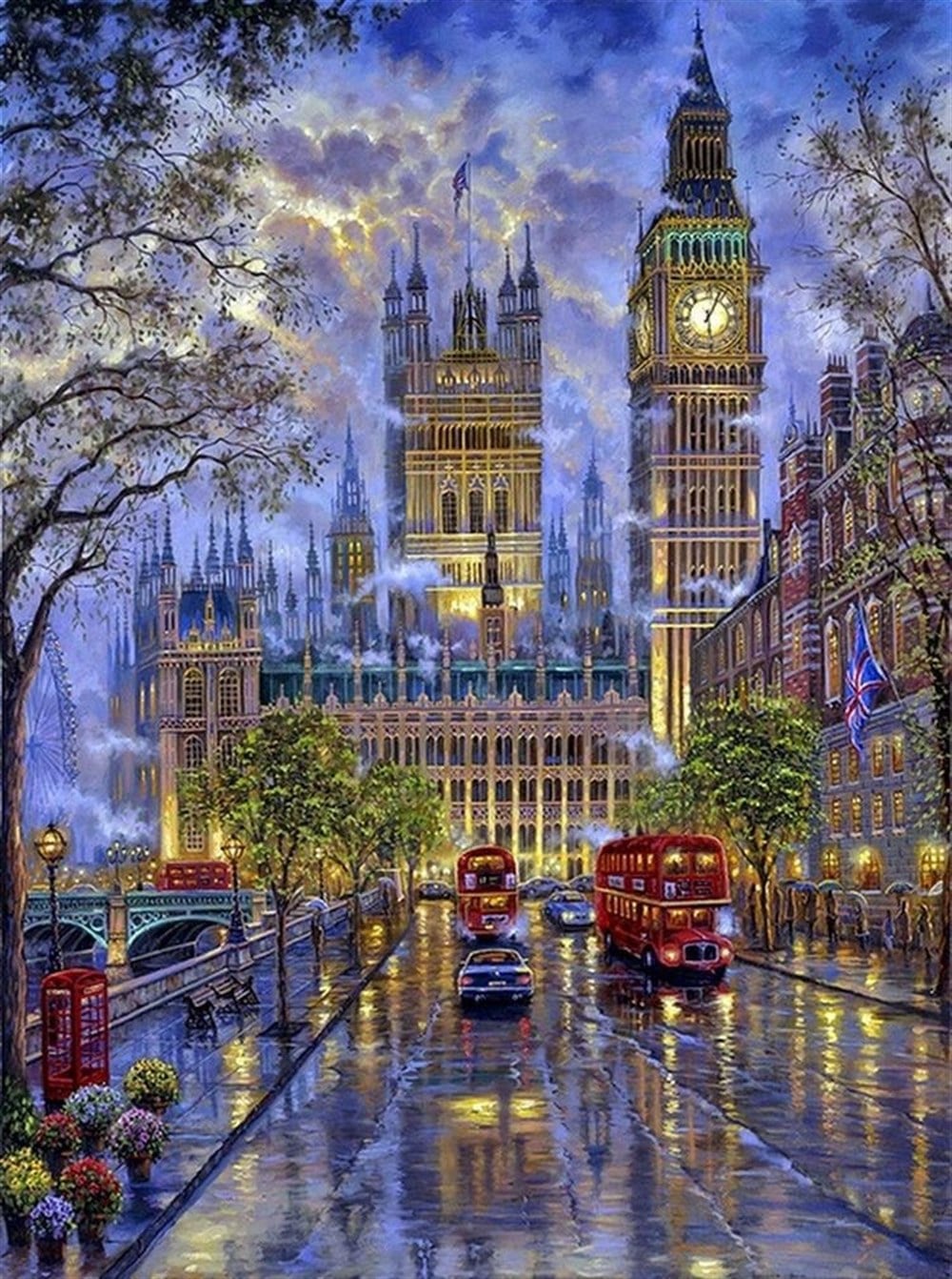 Londra, Big Ben ve Yağmur Üçlüsü Elmas Mozaik Tablo 45x60cm