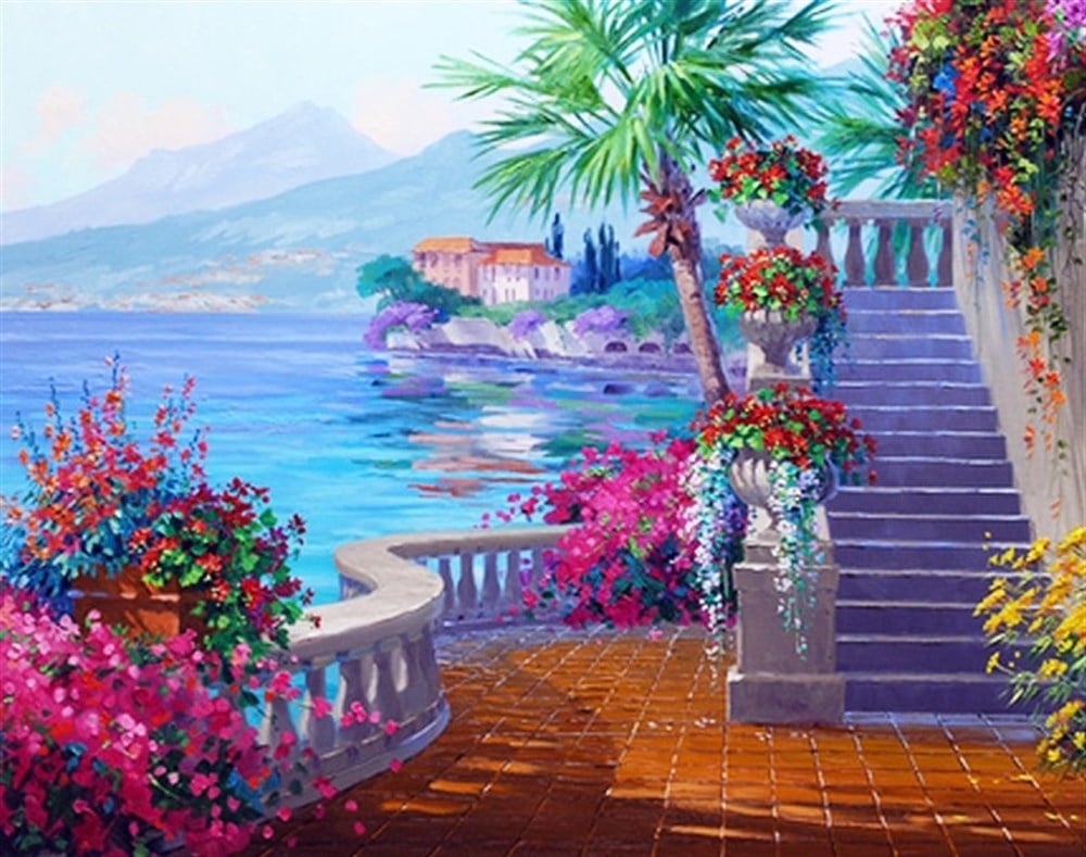 MANZARAMarcel Sanat Elmas Mozaik Tablo & Diamond Painting TurkeyM20174112Deniz Manzarası Ve Mor Merdivenler Marcel Sanat Elmas Mozaik Tablo 66x51cm