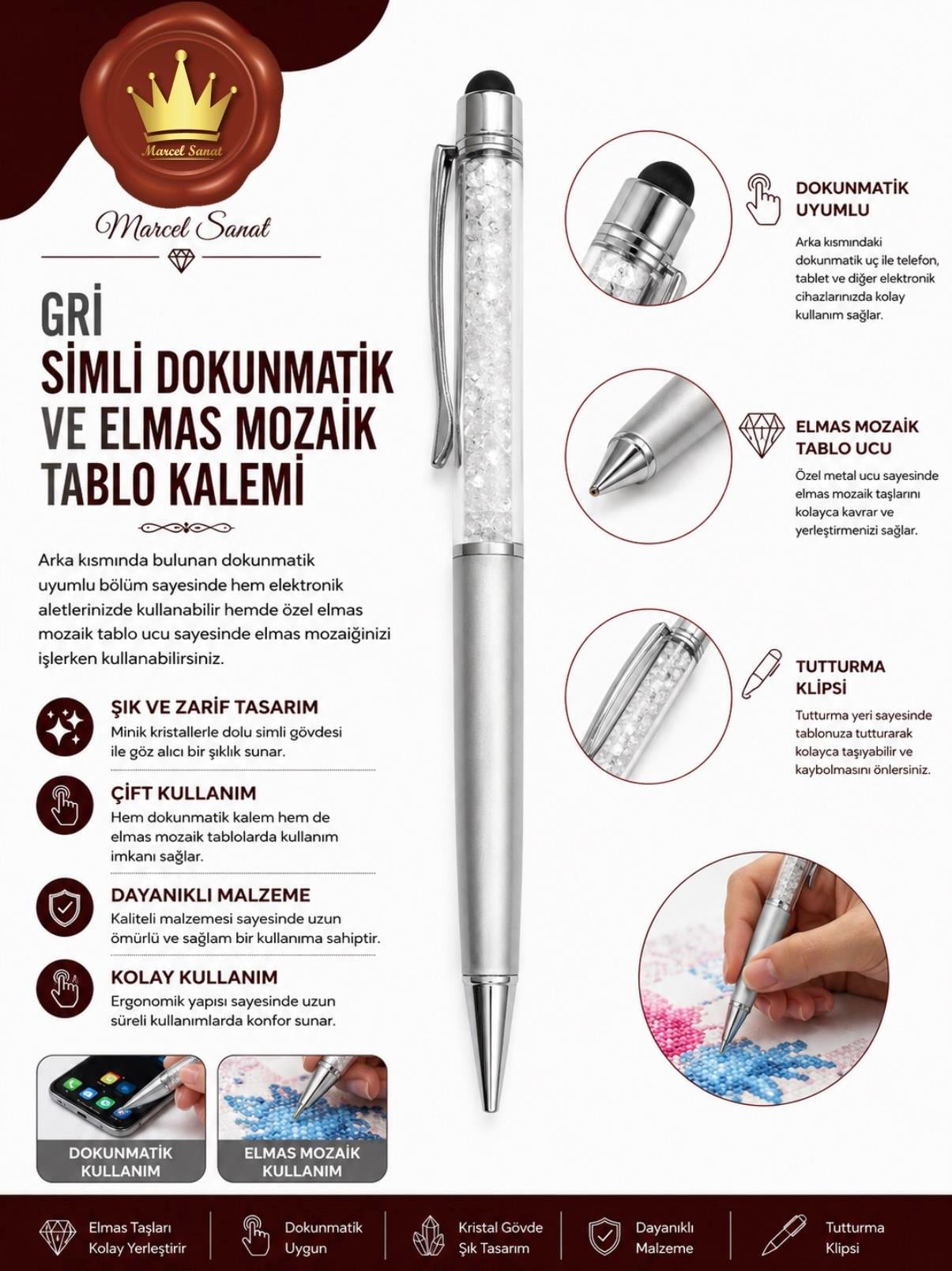 MARCEL Gri Simli Dokunmatik ve Elmas Mozaik Tablo Kalemi AKSESUARMarcel Sanat Elmas Mozaik Tablo & Diamond Painting TurkeyM2017GSMLDKNMTKMARCEL Gri Simli Dokunmatik ve Elmas Mozaik Tablo Kalemi 