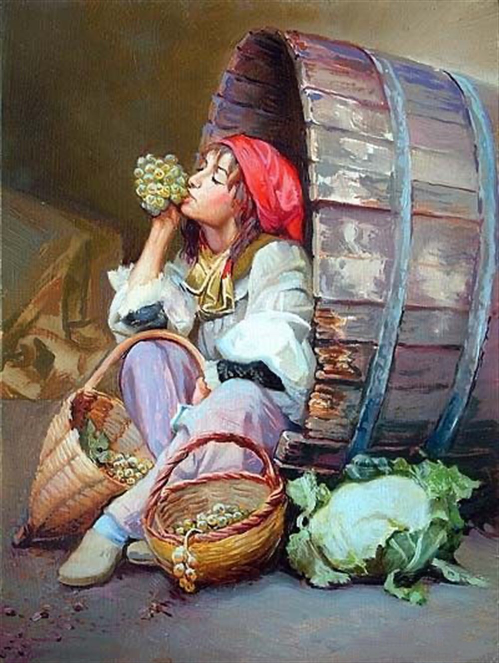 Marcel Klasik Serisi Ahşap Fıçıda Üzüm Yiyen Kız Elmas Mozaik Tablo 46x61cm