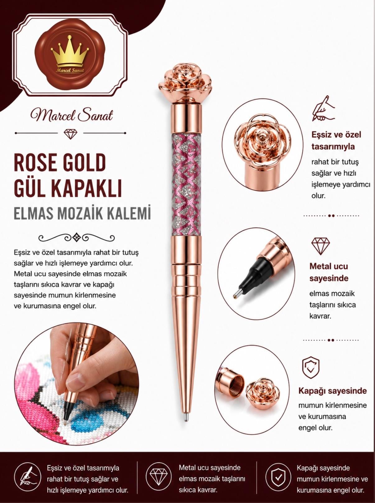 MARCEL Rose Gold Gül Kapaklı Elmas Mozaik KalemiAKSESUARMarcel Sanat Elmas Mozaik Tablo & Diamond Painting TurkeyM2017RGLDGKMARCEL Rose Gold Gül Kapaklı Elmas Mozaik Kalemi