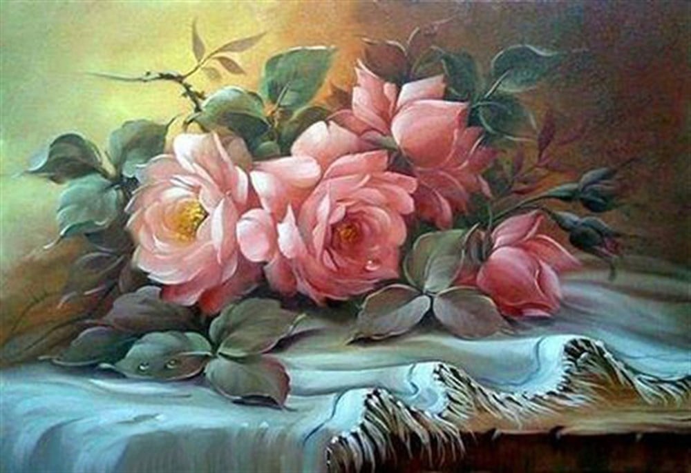 Marcel Sanat Açık Pembe Güller Elmas Mozaik Tablo 80x55cm