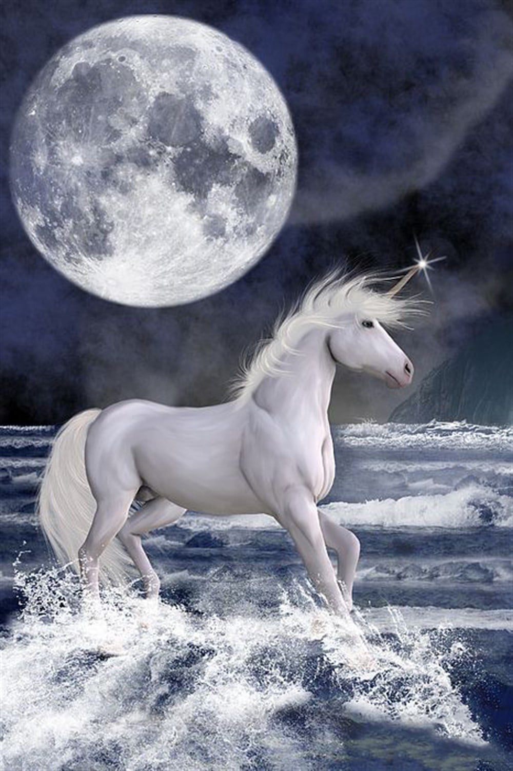 Marcel Sanat Beyaz Unicorn At ve Dolunay Elmas Mozaik Tablo 40x60cm