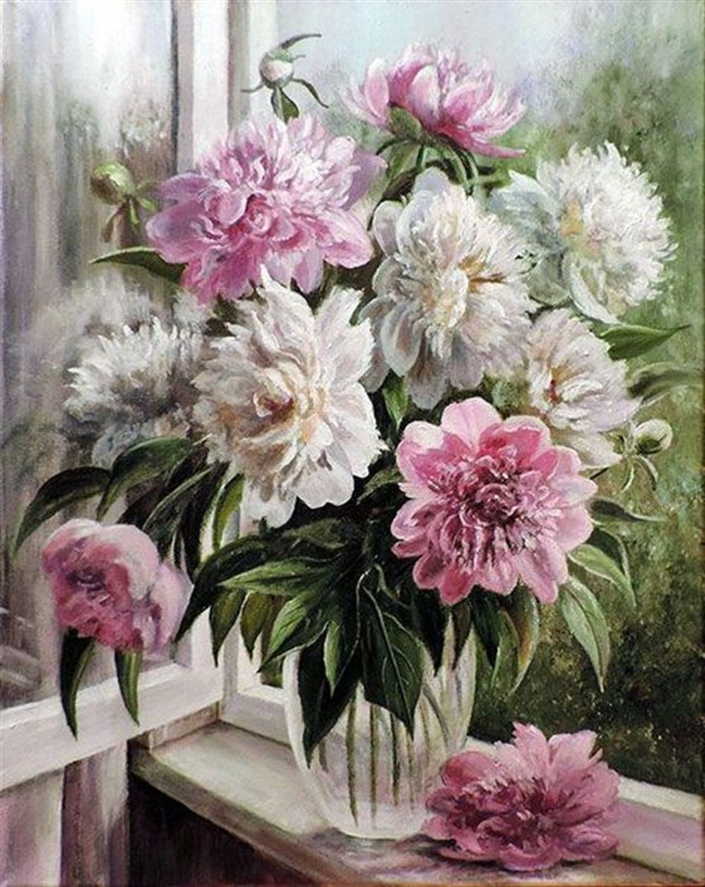 Marcel Sanat Cam Kenarındaki Beyaz  ve Pembe Çiçekler Elmas Mozaik Tablo 45x60cm