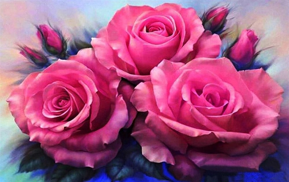 Marcel Sanat Fuşya Pembe Üç Gül Elmas Mozaik Tablo 80x50cm