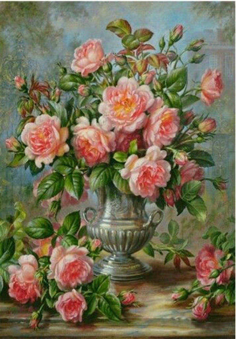 Marcel Sanat Gümüş Vazoda Pembe Güller Elmas Mozaik Tablo 46x66cm