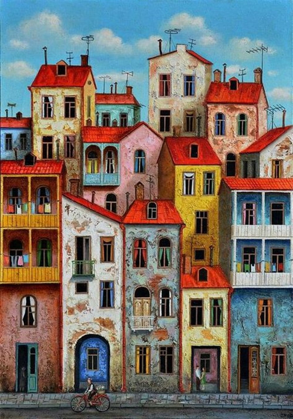 Marcel Sanat Renkli Binalar 46x66 Yuvarlak Taş Elmas Mozaik Tablo