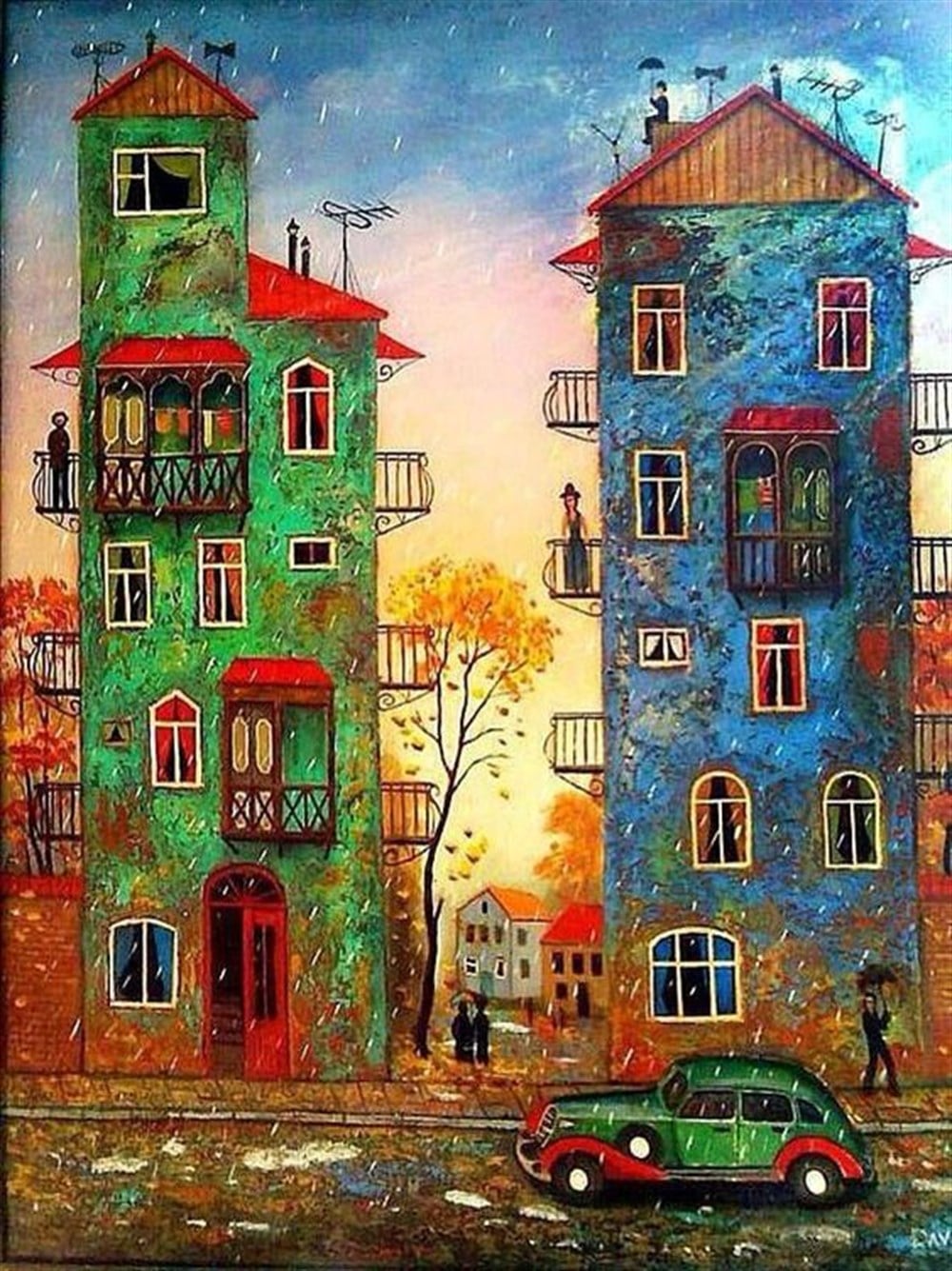 Marcel Sanat Yeşil ve mavi bina 51x66 Yuvarlak Taş Elmas Mozaik Tablo