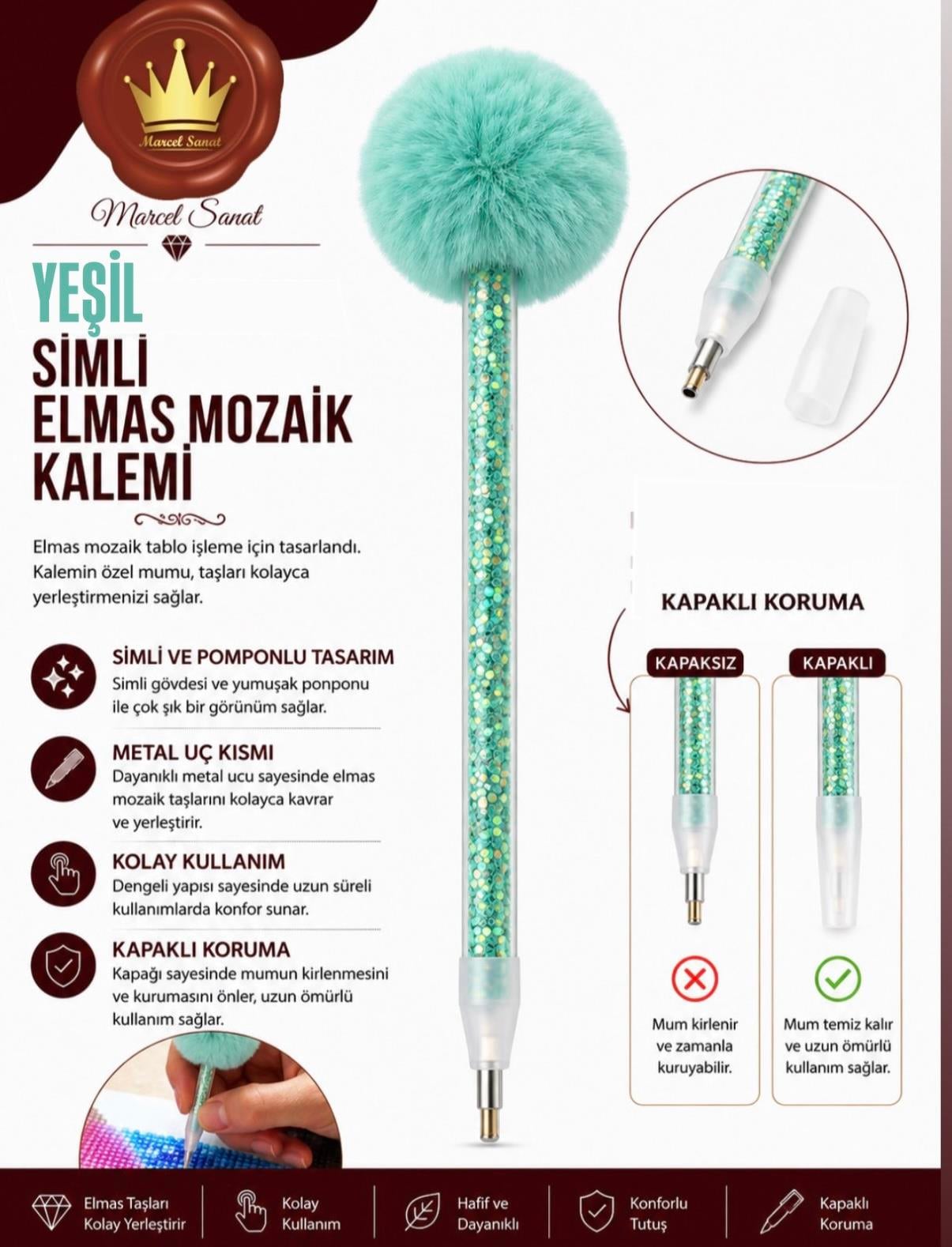 MARCEL Yeşil Simli ve Ponponlu Elmas Mozaik Kalemi AKSESUARMarcel Sanat Elmas Mozaik Tablo & Diamond Painting TurkeyM2017YSLSPPNLMARCEL Yeşil Simli ve Ponponlu Elmas Mozaik Kalemi 