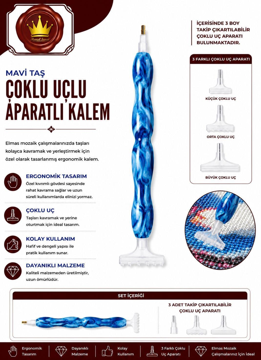 Mavi Taş Tutma Kalemi Elmas Mozaik Tablo | Marcel SanatAKSESUARMarcel Sanat Elmas Mozaik Tablo & Diamond Painting TurkeyM2017MVİDSNMARCEL Mavi Desen Çoklu Uçlu Aparatlı Elmas Mozaik Kalemi
