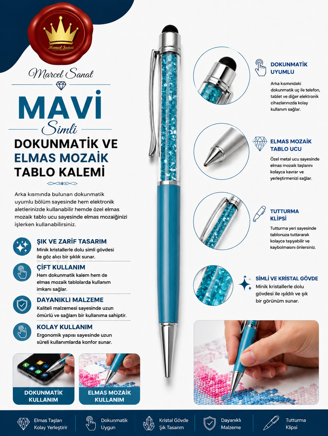 Mavi Taş Tutma Kalemi Elmas Mozaik Tablo | Marcel SanatAKSESUARMarcel Sanat Elmas Mozaik Tablo & Diamond Painting TurkeyM2017MVİIMLDKNMTKMARCEL Mavi Simli Dokunmatik ve Elmas Mozaik Tablo Kalemi 