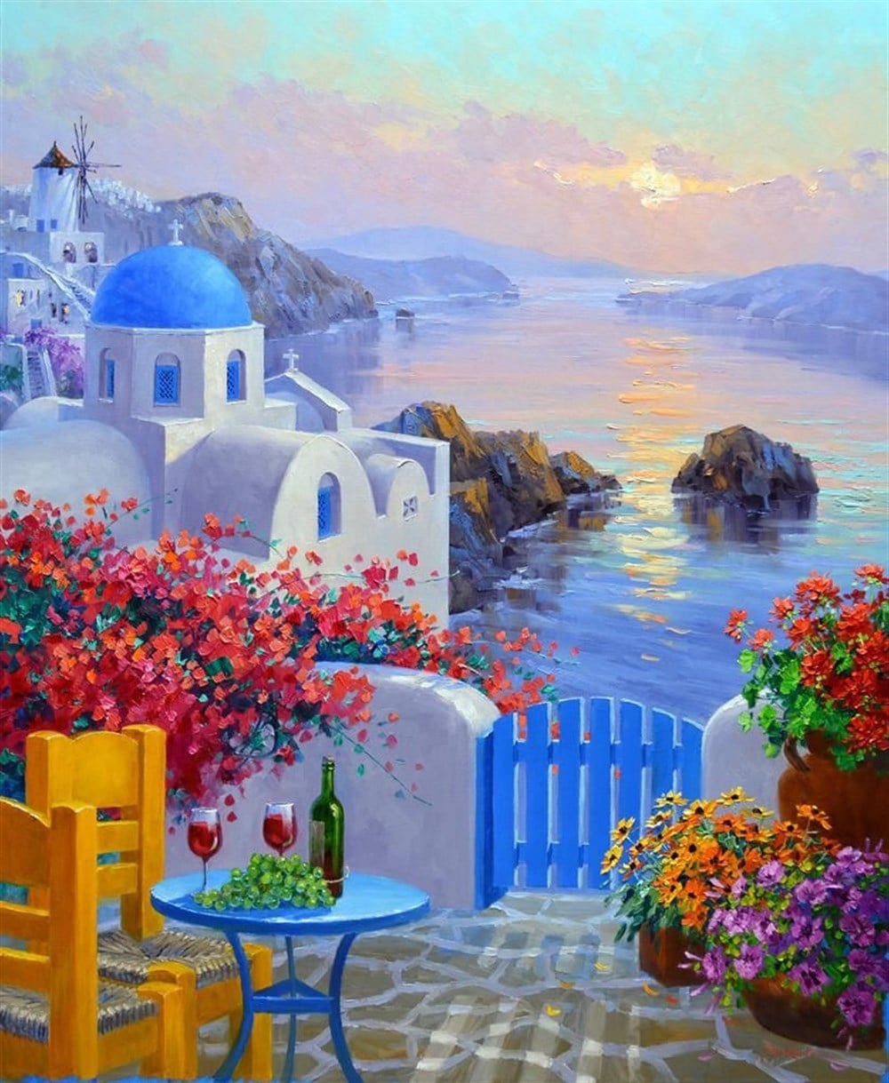 Mikonos-Mykonos da Bir Yaz Günü Elmas Mozaik Tablo 45x55cm