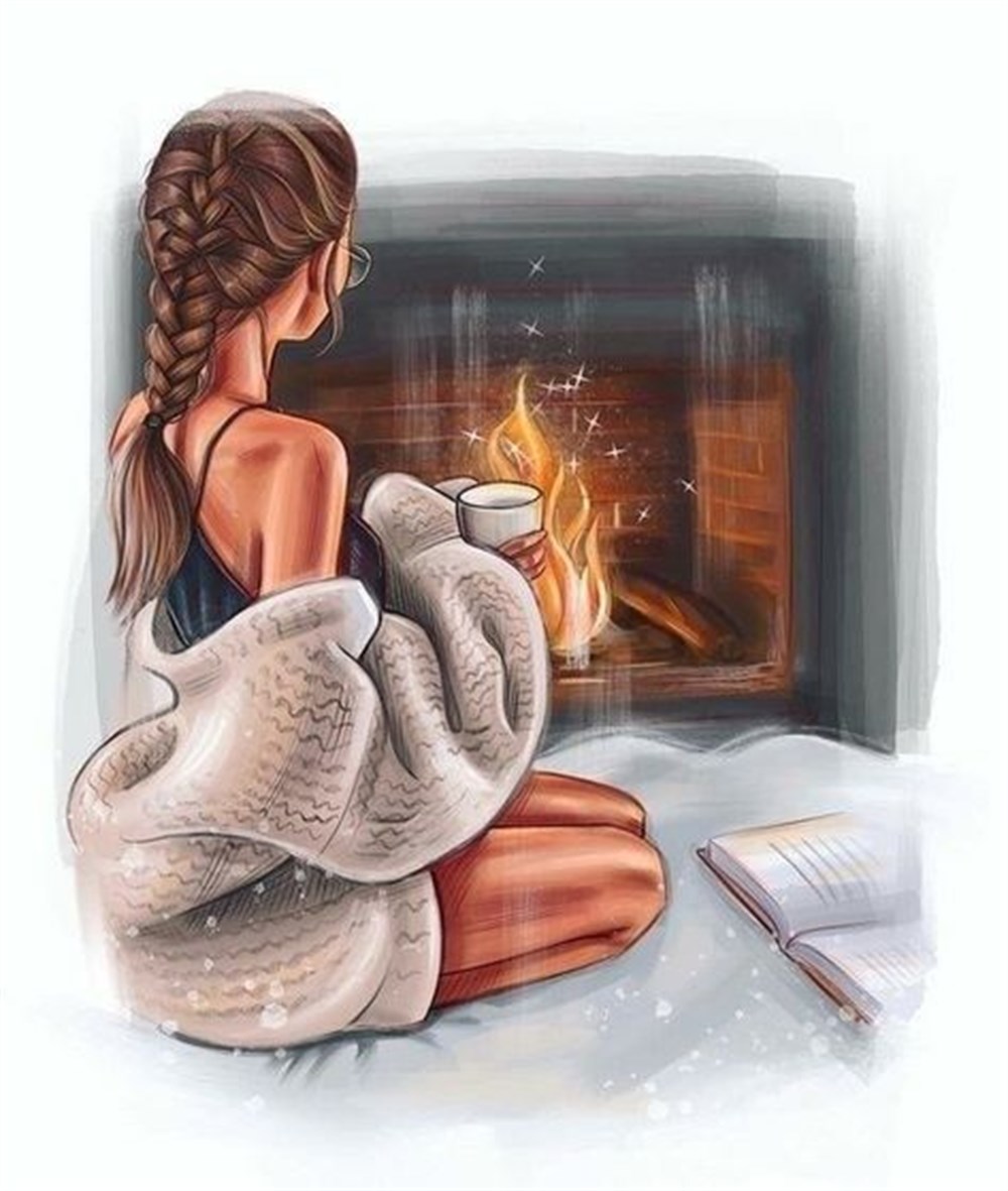 MODERNMarcel Sanat Elmas Mozaik Tablo & Diamond Painting TurkeyM20174036Şömine Başındaki Kız Marcel Sanat Elmas Mozaik Tablo 41x48cm