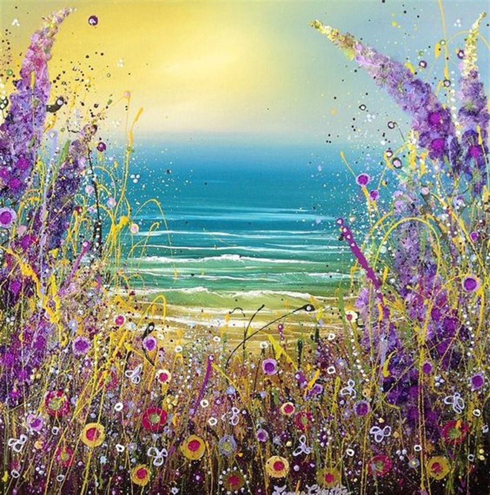Mor Çiçekler Arasından Deniz Manzarası Tablosu 60x60cm