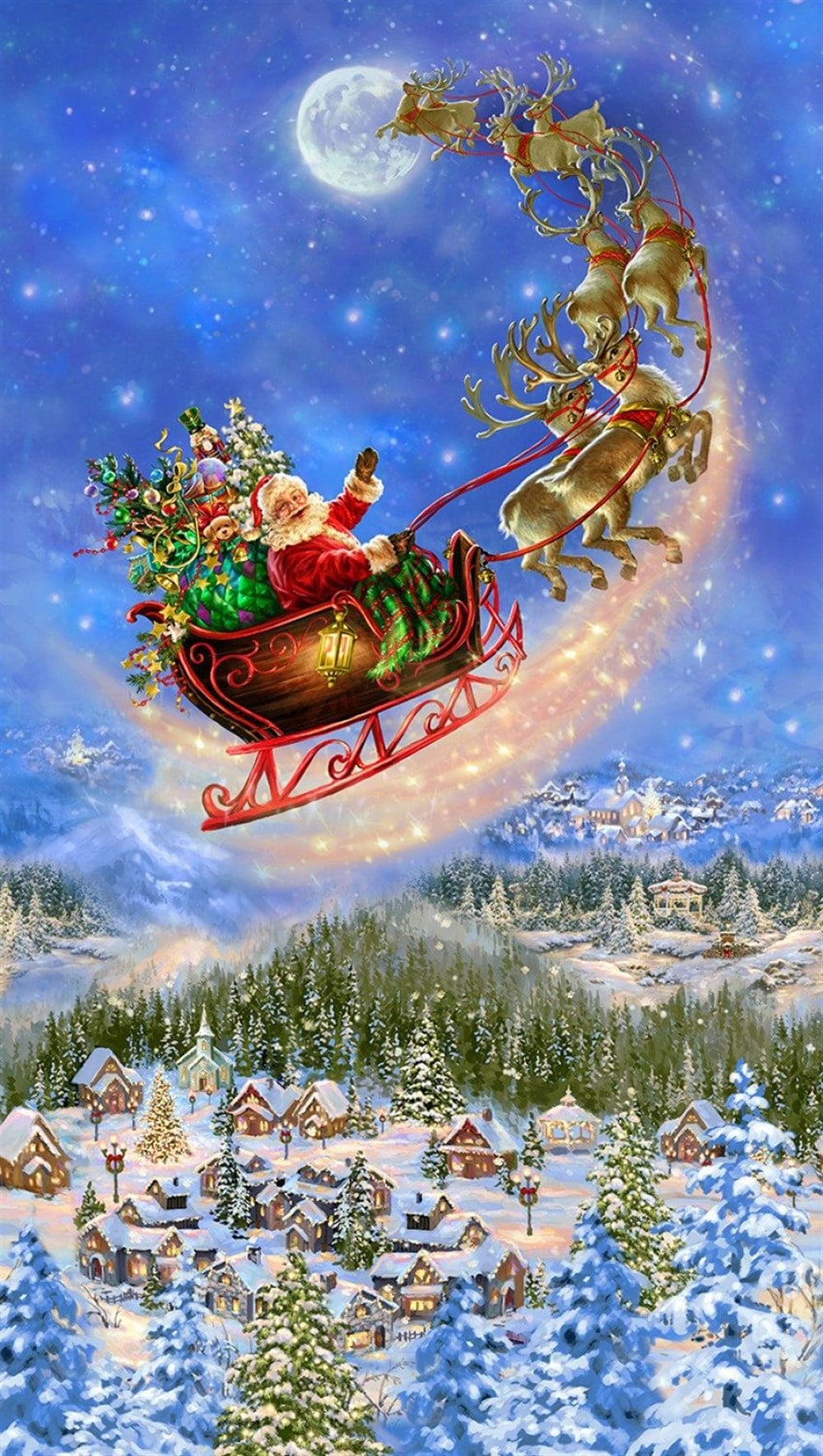 Noel Baba ve Uçan Ren Geyikleri Elmas Mozaik Tablo 33x61cm