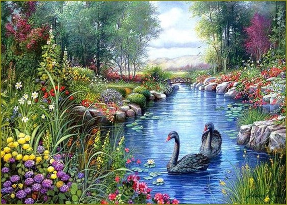Orman İçerisindeki Çiçekler ve Gölet Manzarası Tablosu 81x58cm