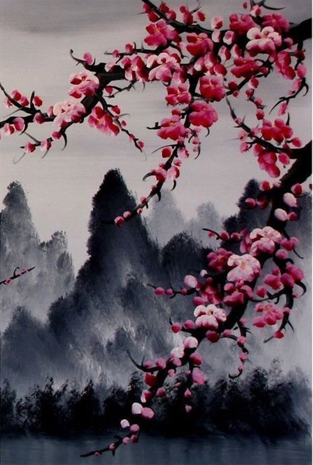 Pembe Çiçekli Dağ Manzarası Elmas Mozaik Tablo 38x55cm