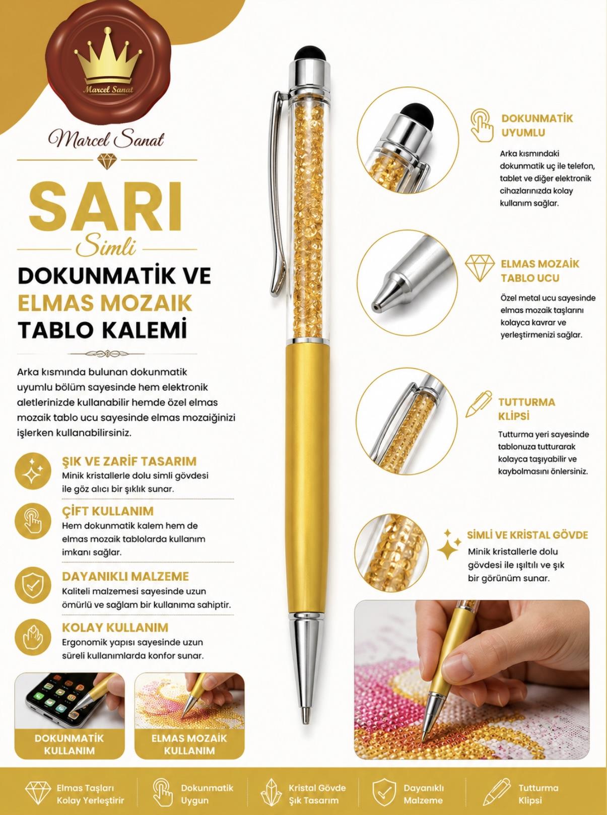 Sarı Taş Tutma Kalemi Elmas Mozaik Tablo | Marcel SanatAKSESUARMarcel Sanat Elmas Mozaik Tablo & Diamond Painting TurkeyM2017SRIMLDKNMTKMARCEL Sarı Simli Dokunmatik ve Elmas Mozaik Tablo Kalemi 