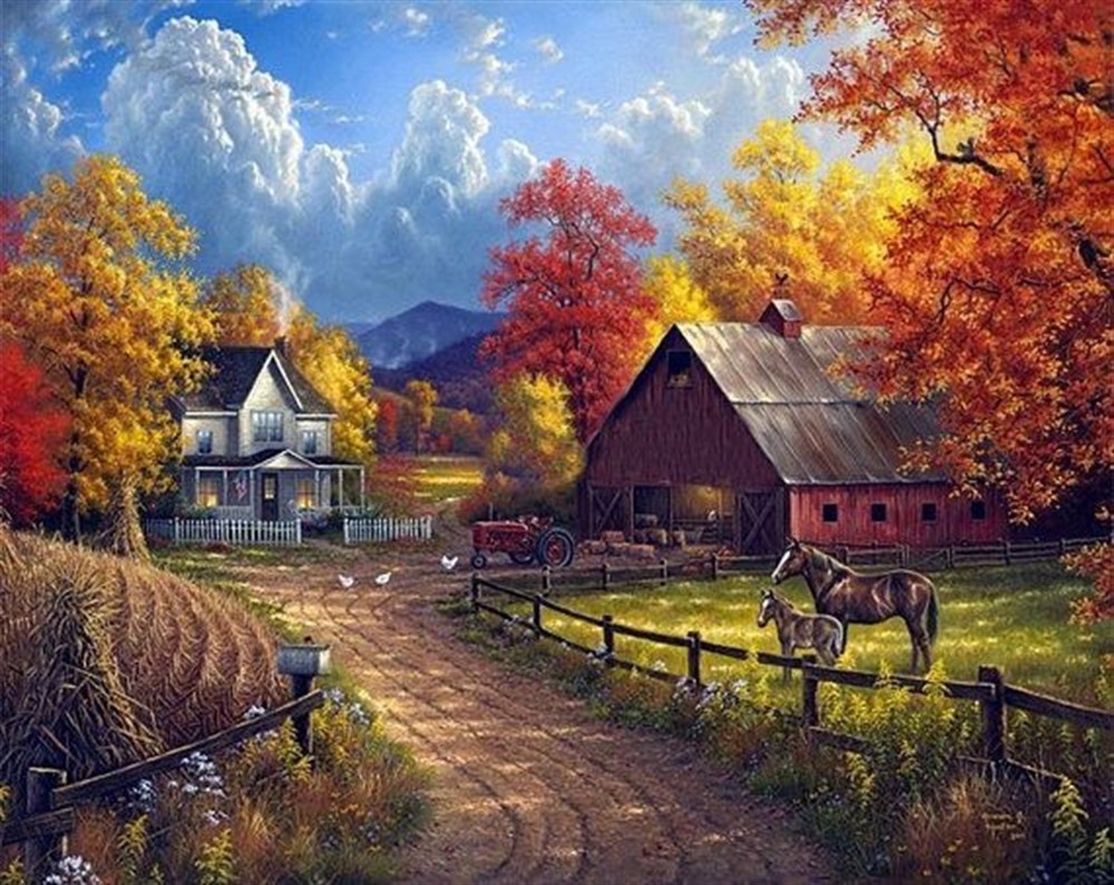 Sonbahar'da At Çiftliği Elmas Mozaik Tablo 65x50cm