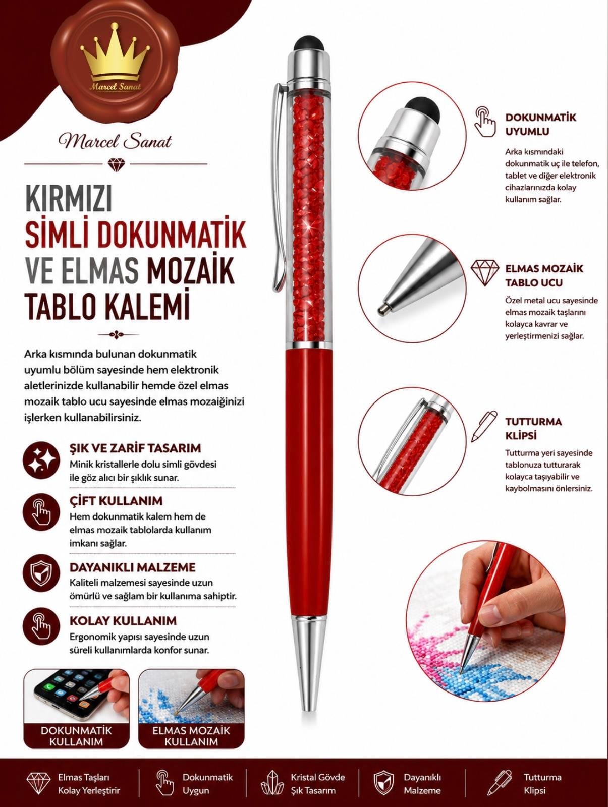 Taşlı Kırmızı Taş Tutma Kelemi Elmas Mozaik Tablo | Marcel SanatAKSESUARMarcel Sanat Elmas Mozaik Tablo & Diamond Painting TurkeyM2017KRMZIMLDKNMTKMARCEL Kırmızı Simli Dokunmatik ve Elmas Mozaik Tablo Kalemi 