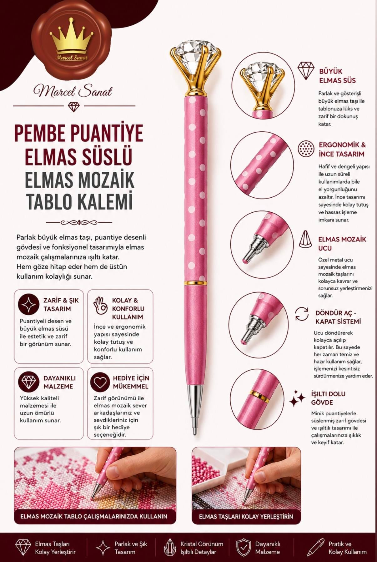 Tektaşlı Taş Tutma Kalemi Elmas Mozaik Tablo | Marcel SanatAKSESUARMarcel Sanat Elmas Mozaik Tablo & Diamond Painting TurkeyM2017PPTSSLMARCEL Pembe Puantiyeli ve  Tektaş Süslü Taş Tutma Kalemi 