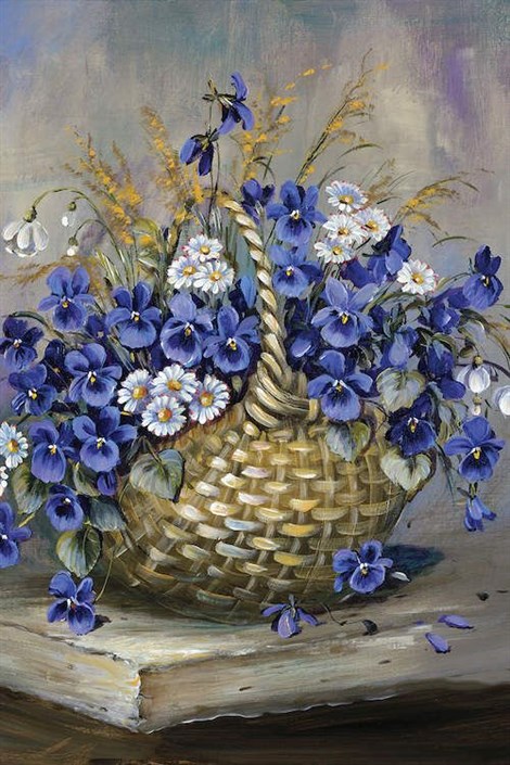 Marcel Sanat Sepette Mavi Çiçekler Elmas Mozaik Tablo 40x60cm