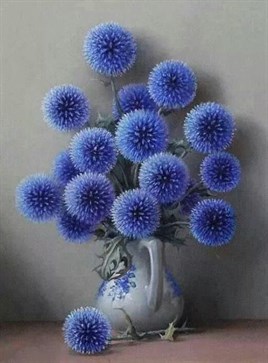 Marcel Sanat Vazoda Mavi Yuvarlak Çiçekler Elmas Mozaik Tablo 45x60cm