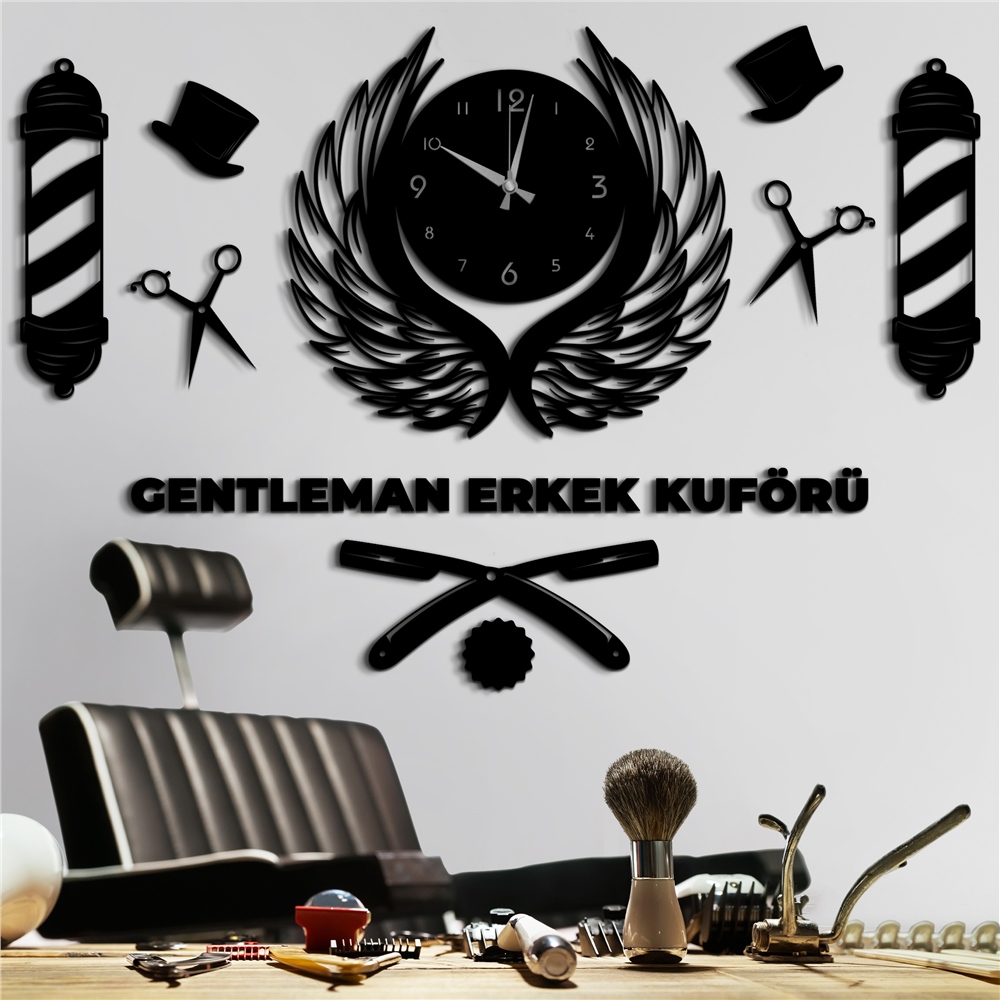 Centilmen Kişiye Özel Erkek Kuaför Dekor Saat Set