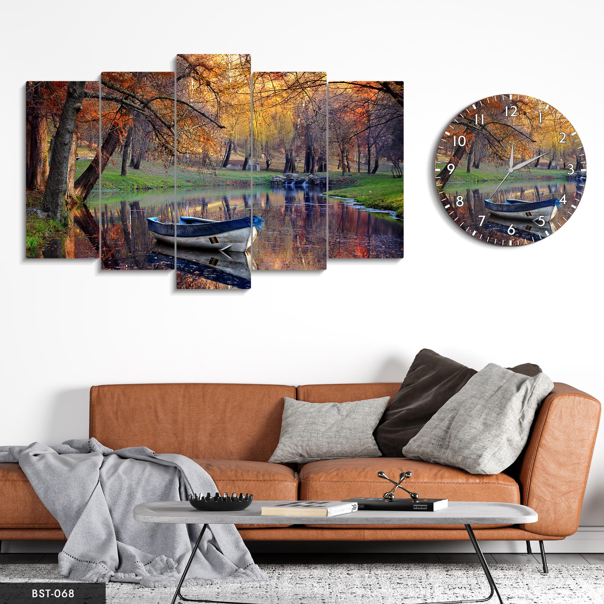 Kayık ve Göl MDF Tablo Saatli Set