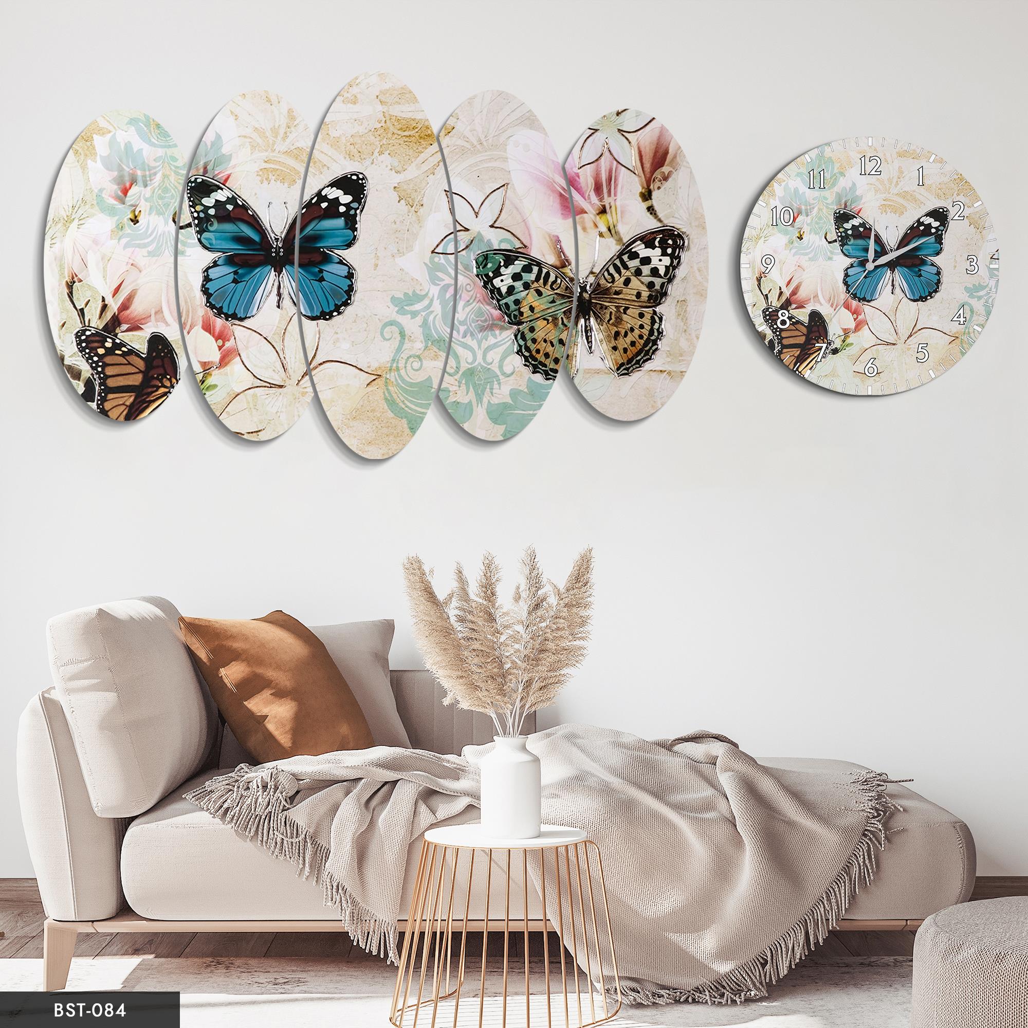 Kelebekler Renkleri MDF Tablo Saatli Set
