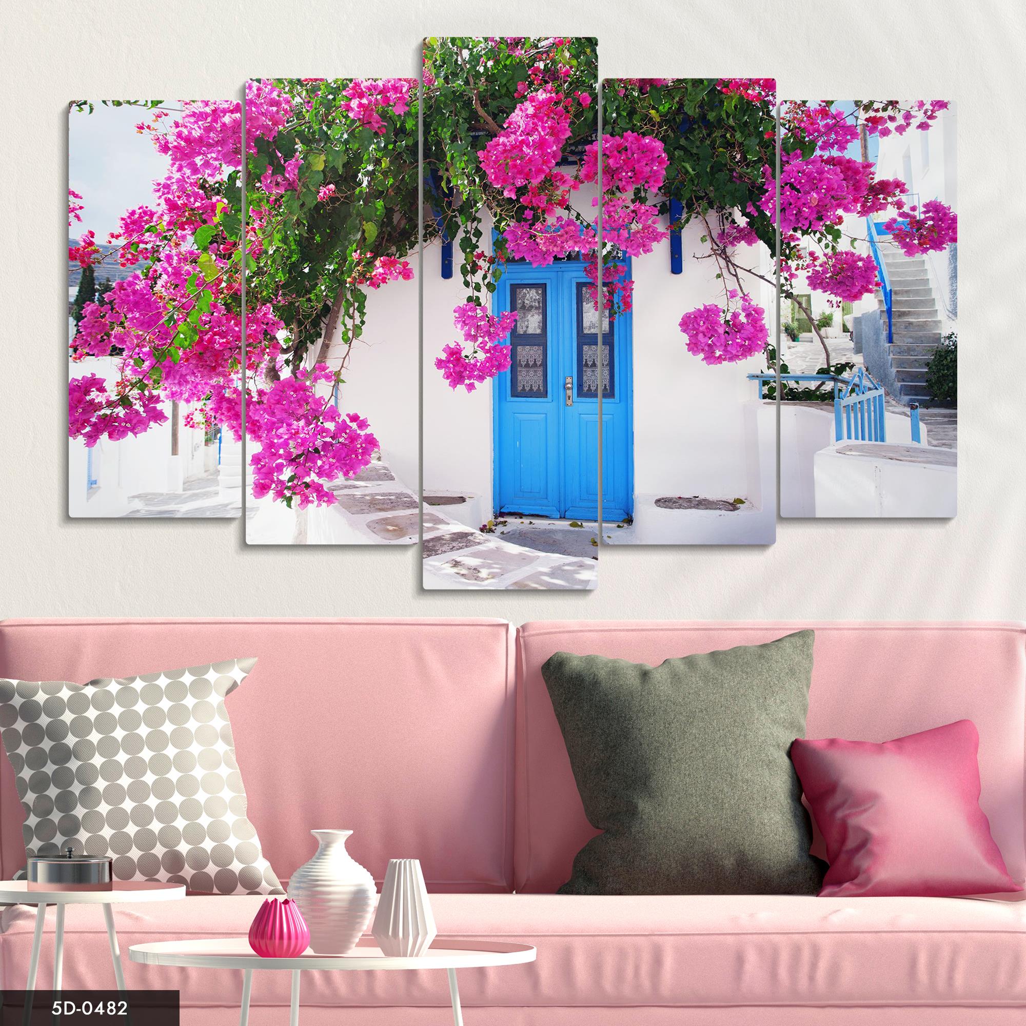 Mavi Kapılı Pembe Çiçekler 5 Parçalı Mdf Tablo